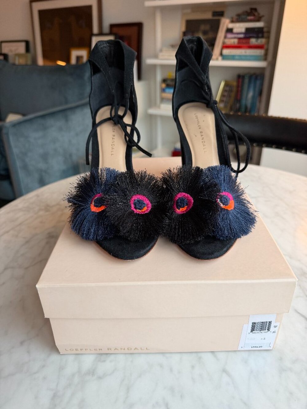 Loeffler Randall Virginia Suede Ankle-Tie Sandals with Pom Pom Accents